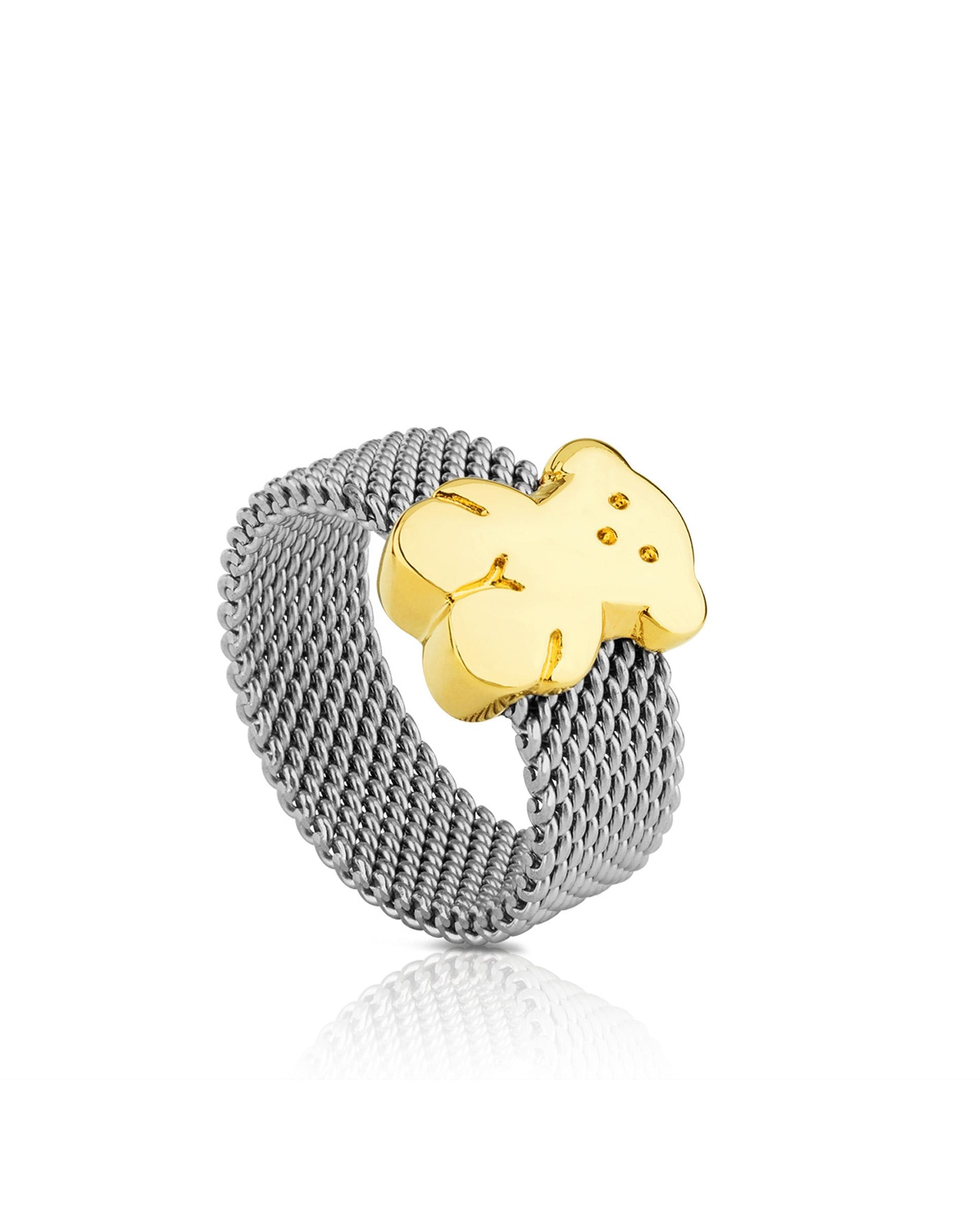 Anel Mesh em Aço Inoxidável com Urso em Ouro Amarelo Ouro-1