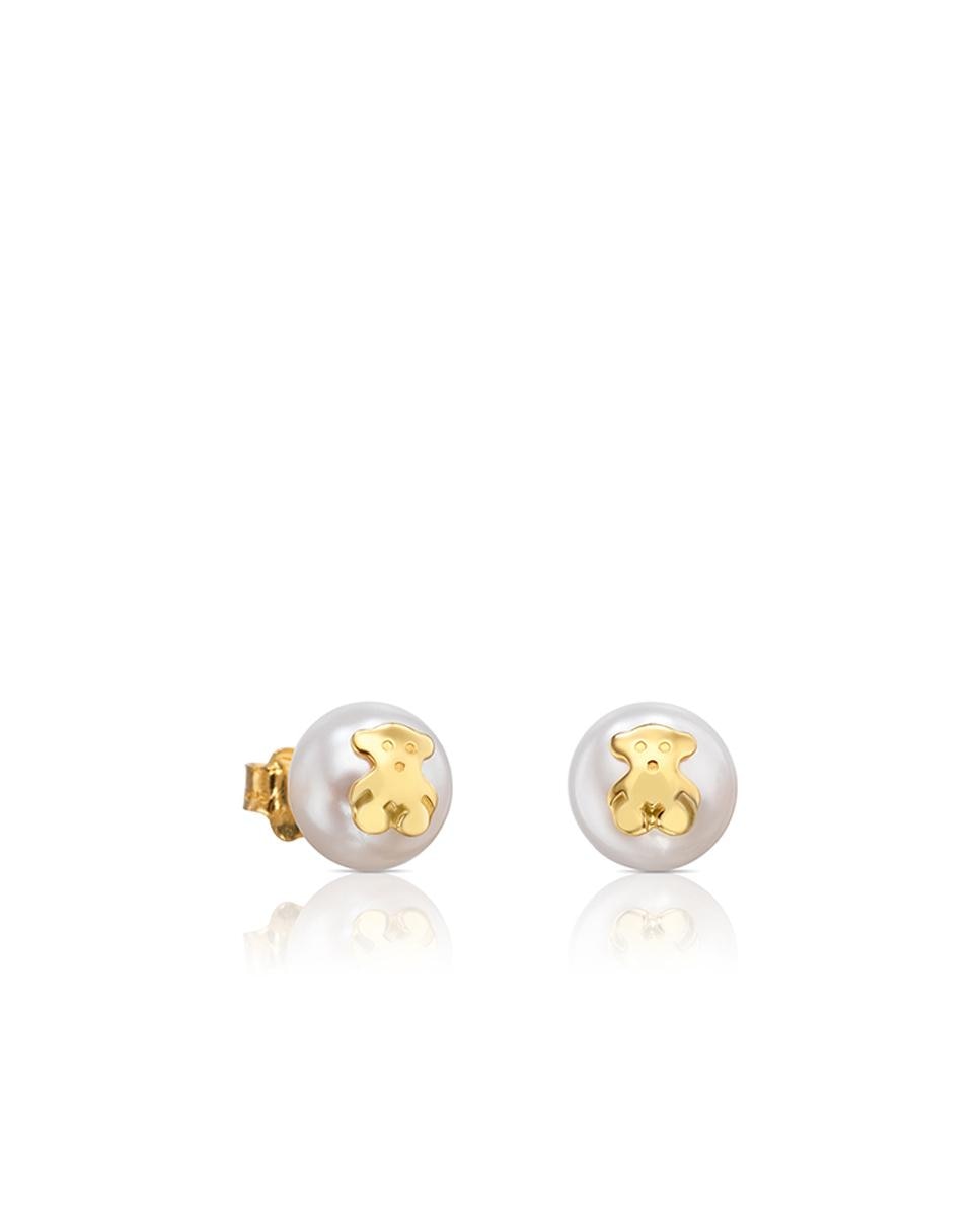 Brincos Bear em Ouro Amarelo com Pérola Branco-1