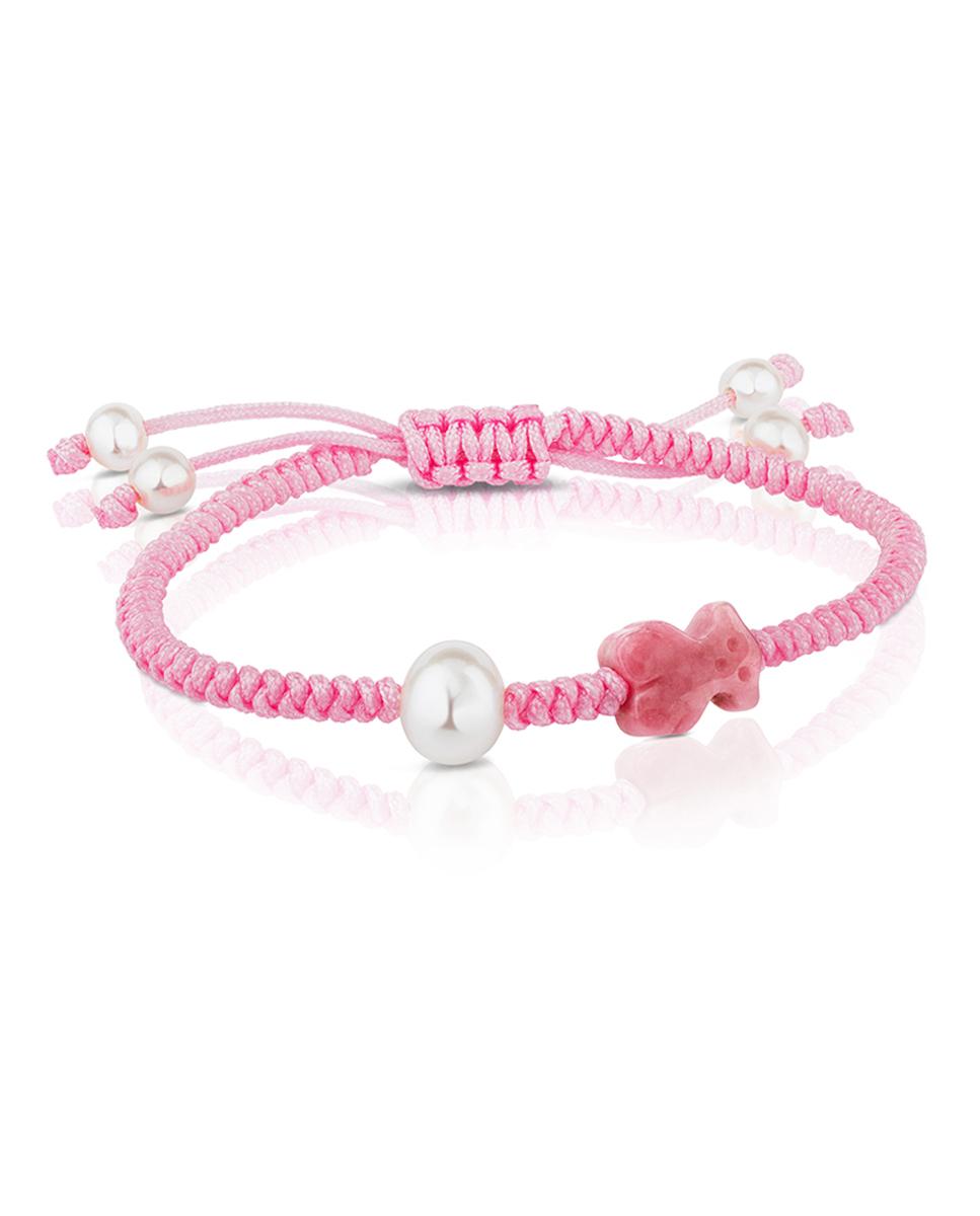 Pulseira de Cordão Rosa Tibet com Rodonita e Pérolas Rosa / Branco-1