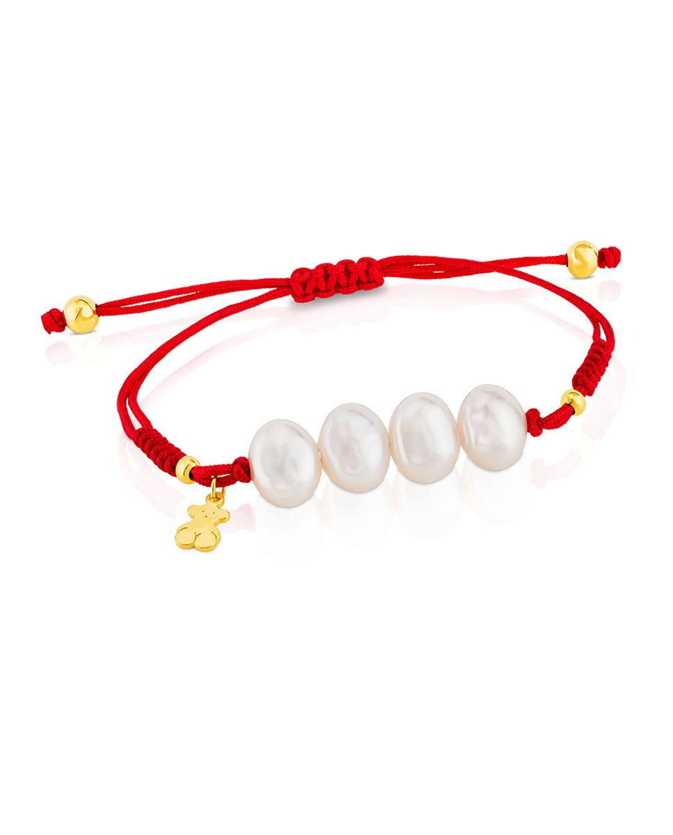 Pulseira de Corrente com Nós Banhada a Ouro de 18 Kt Sobre Prata com Pérolas Vermelho / Branco-1