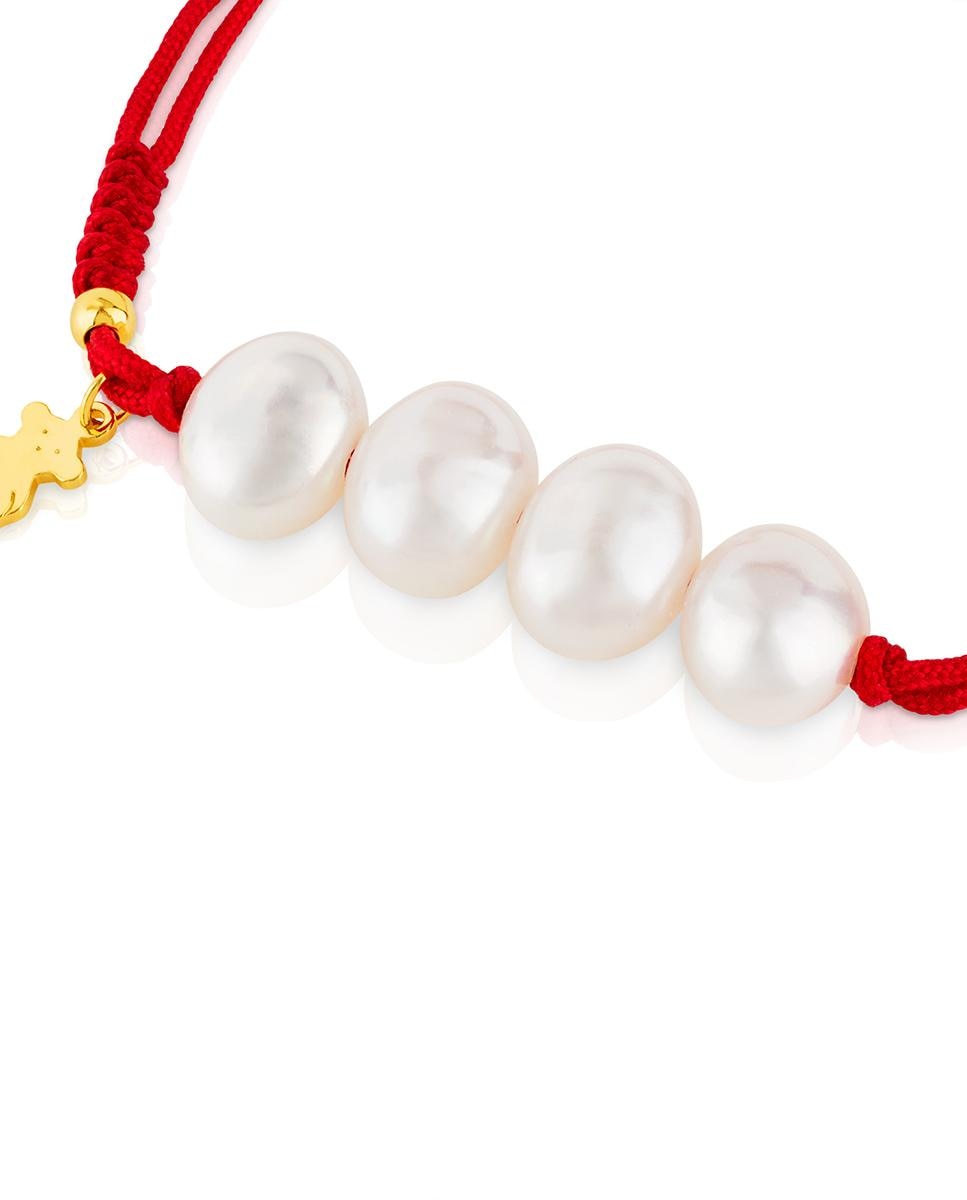 Pulseira de Corrente com Nós Banhada a Ouro de 18 Kt Sobre Prata com Pérolas Vermelho / Branco-2