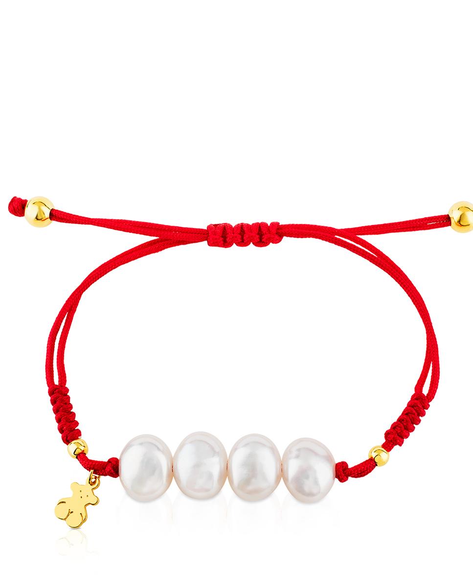 Pulseira de Corrente com Nós Banhada a Ouro de 18 Kt Sobre Prata com Pérolas Vermelho / Branco-3
