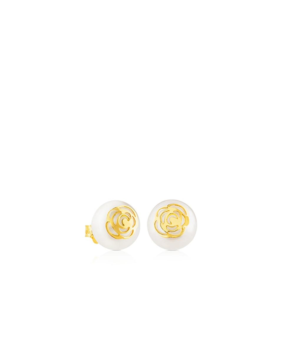 Brincos Rosa de Abril em Ouro Amarelo e Pérolas Branco-1