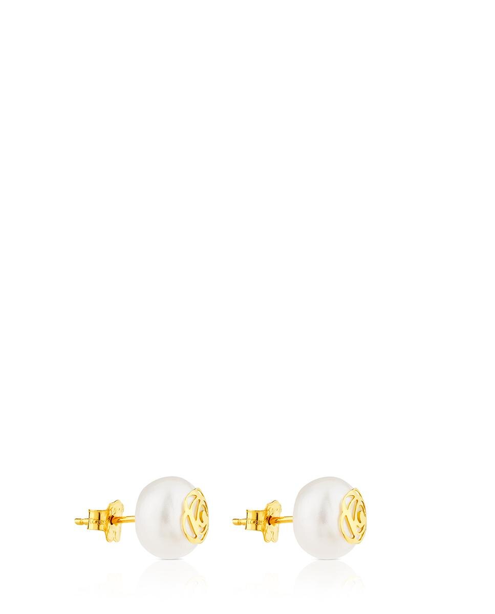 Brincos Rosa de Abril em Ouro Amarelo e Pérolas Branco-2