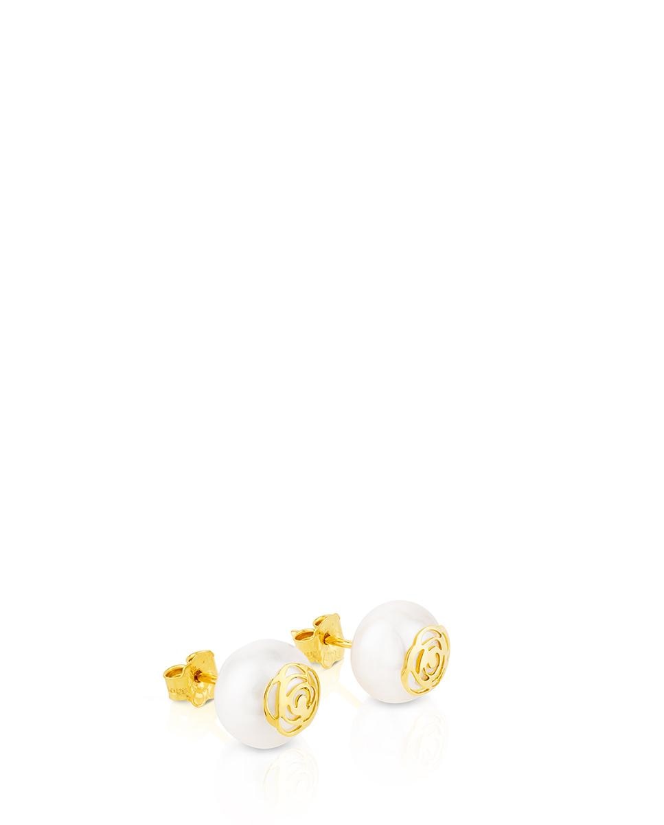 Brincos Rosa de Abril em Ouro Amarelo e Pérolas Branco-4