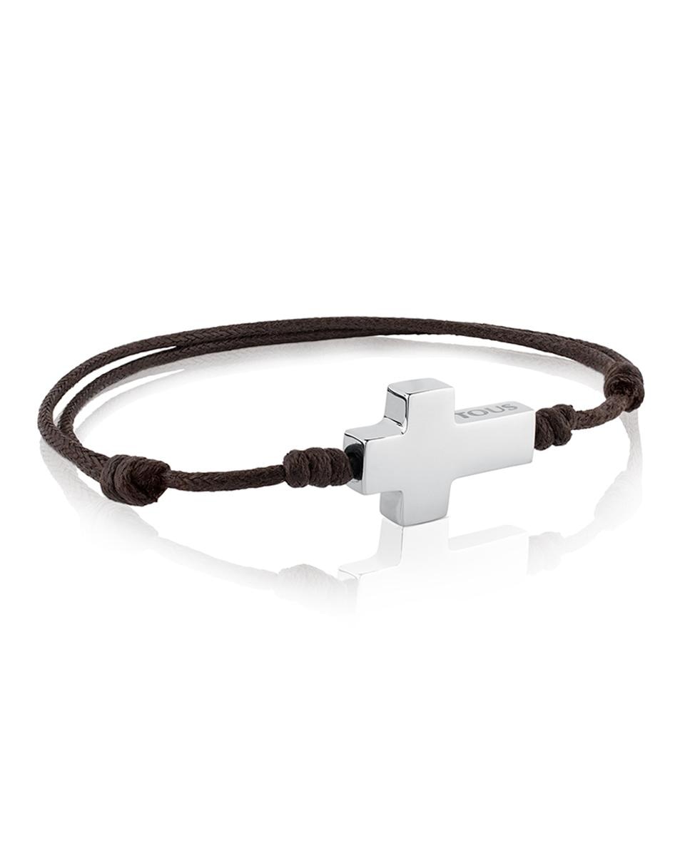 Pulseira Cruz com Cordão em Castanho e Aço Inoxidável Prateado-1