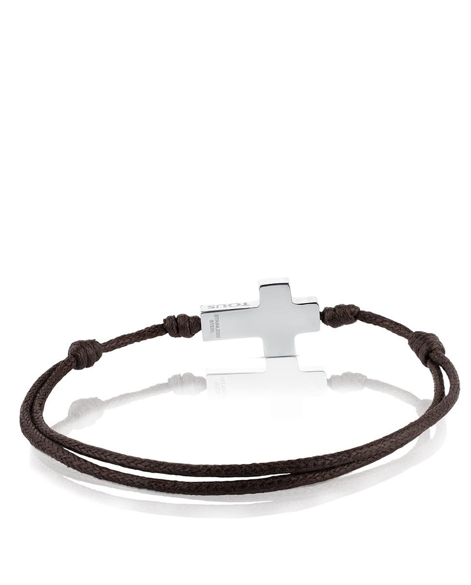 Pulseira Cruz com Cordão em Castanho e Aço Inoxidável Prateado-2
