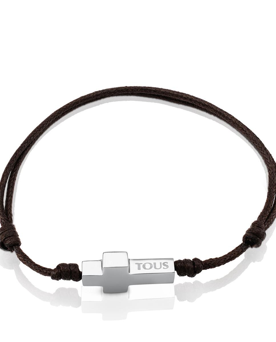 Pulseira Cruz com Cordão em Castanho e Aço Inoxidável Prateado-3