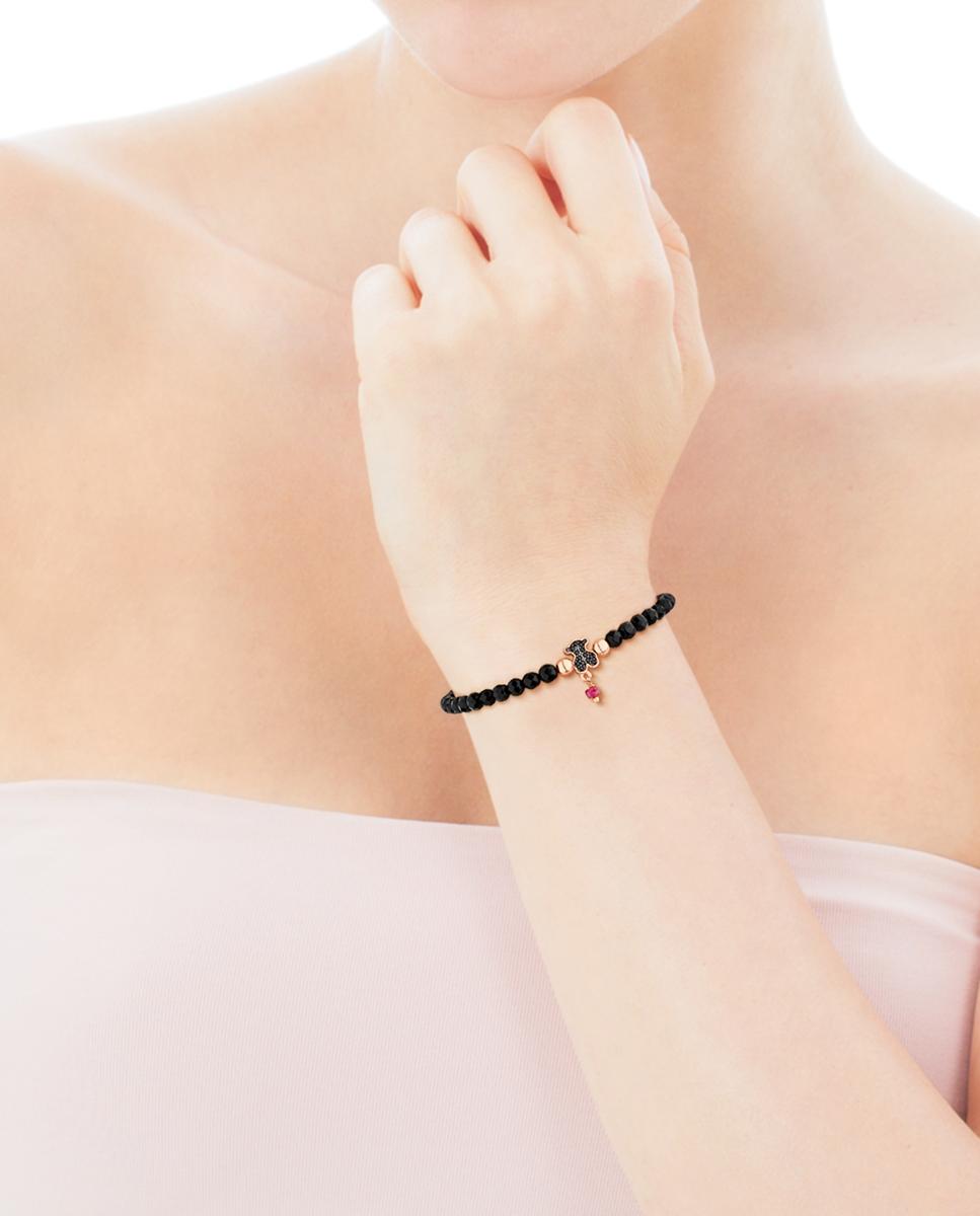 Pulseira de Corrente Motif Banhada a Ouro de 18 Kt Sobre Prata Rosa com Espinelas e Ónix Facetado Preto-4