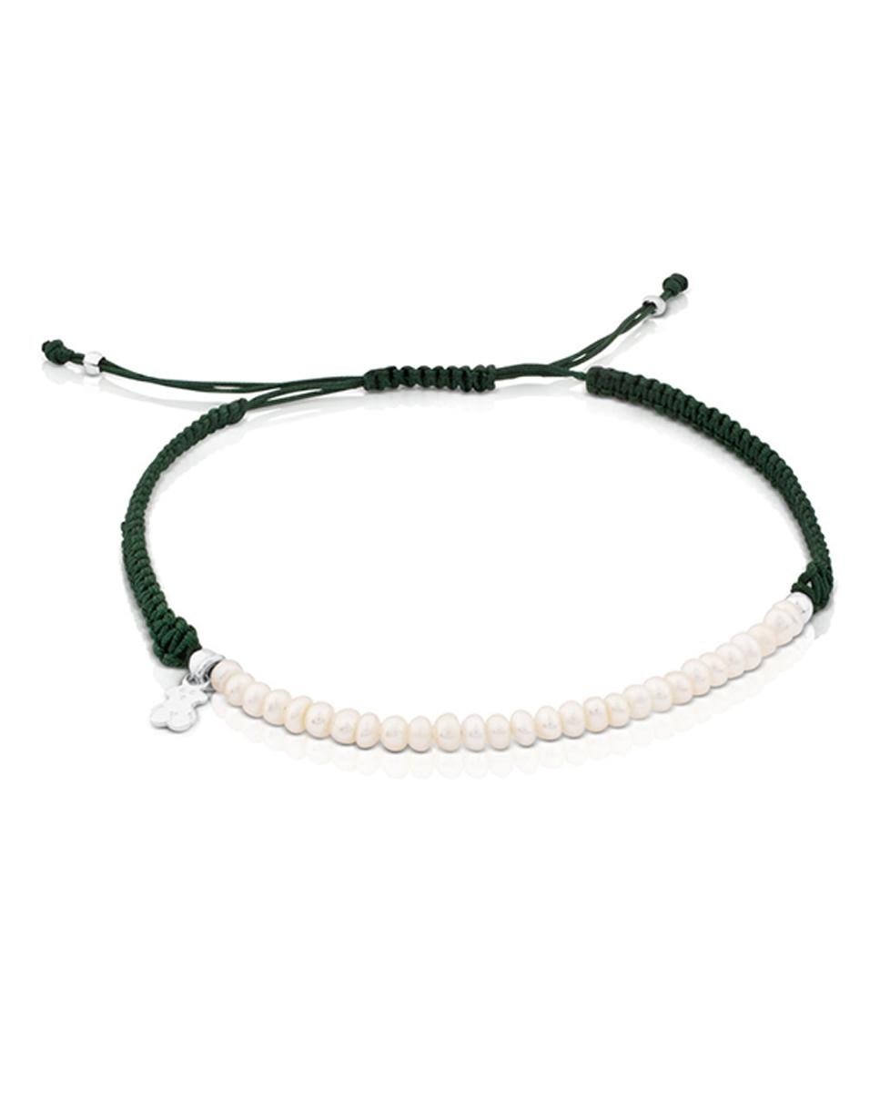 Pulseira de Cordão em Verde e Prateado com Pérolas Branco-1