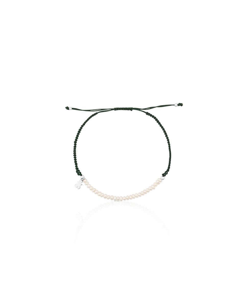 Pulseira de Cordão em Verde e Prateado com Pérolas Branco-2