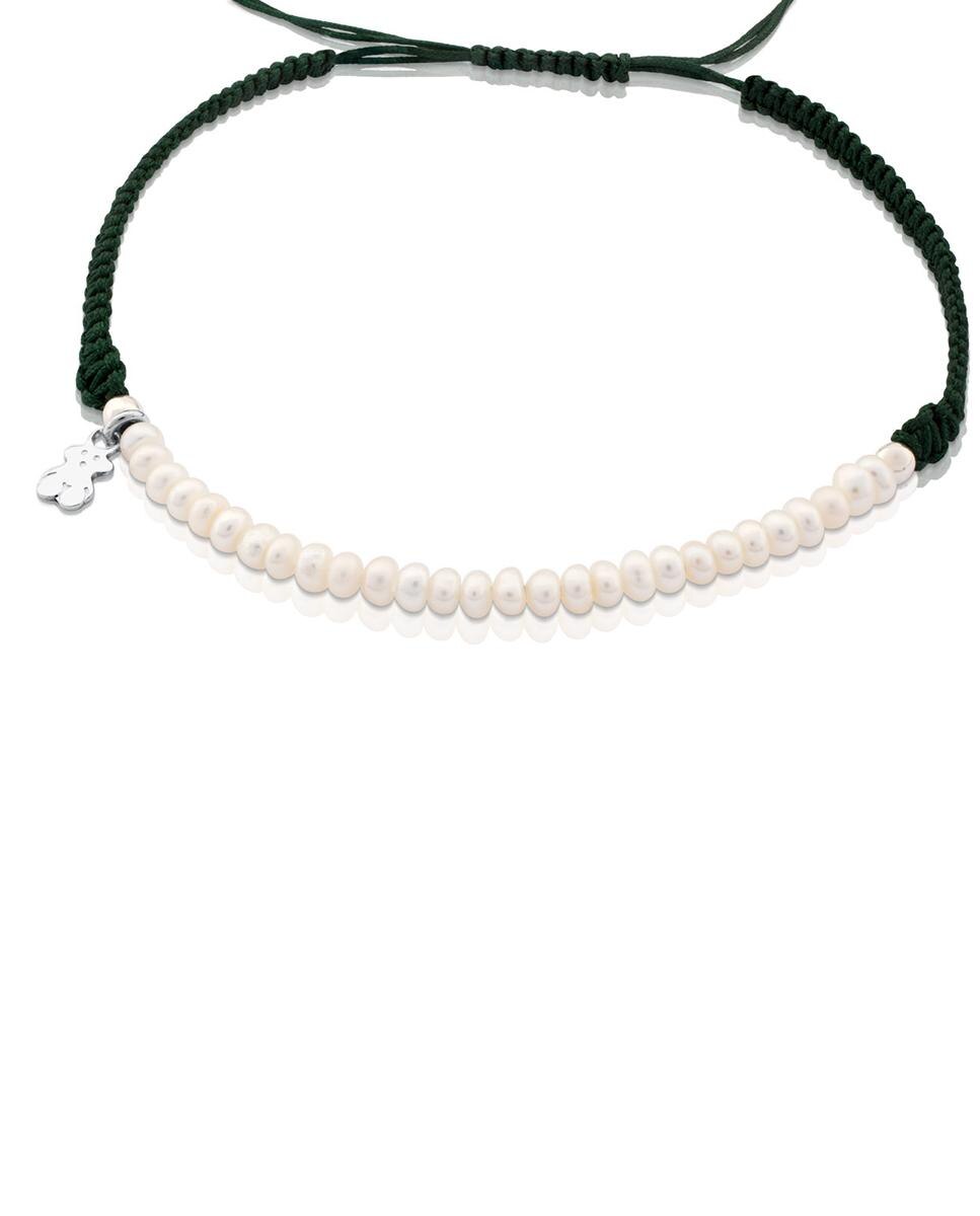 Pulseira de Cordão em Verde e Prateado com Pérolas Branco-3