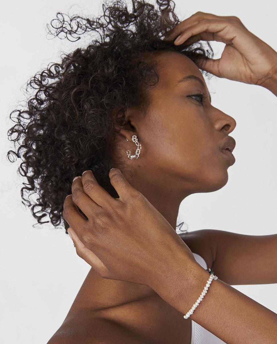 Pulseira de Cordão em Verde e Prateado com Pérolas Branco-4