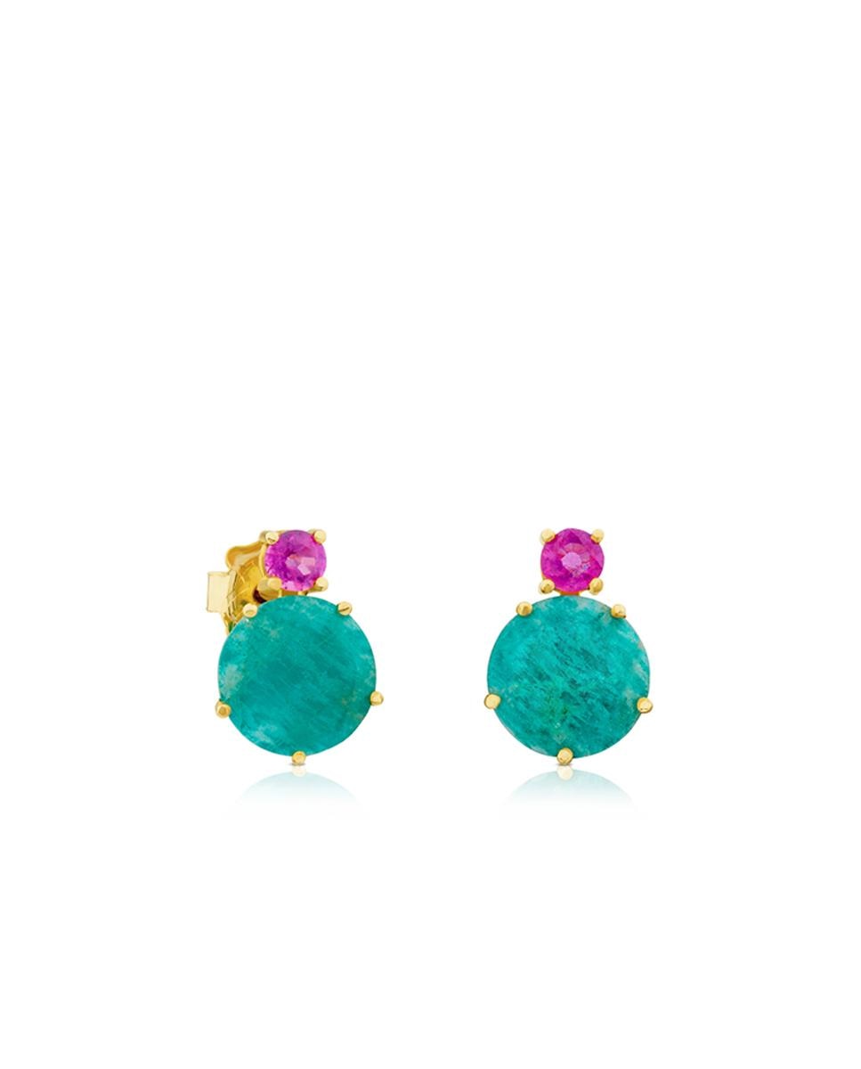 Brincos Ivette de Ouro Amarelo com Amazonita e Rubi Multicolor-1
