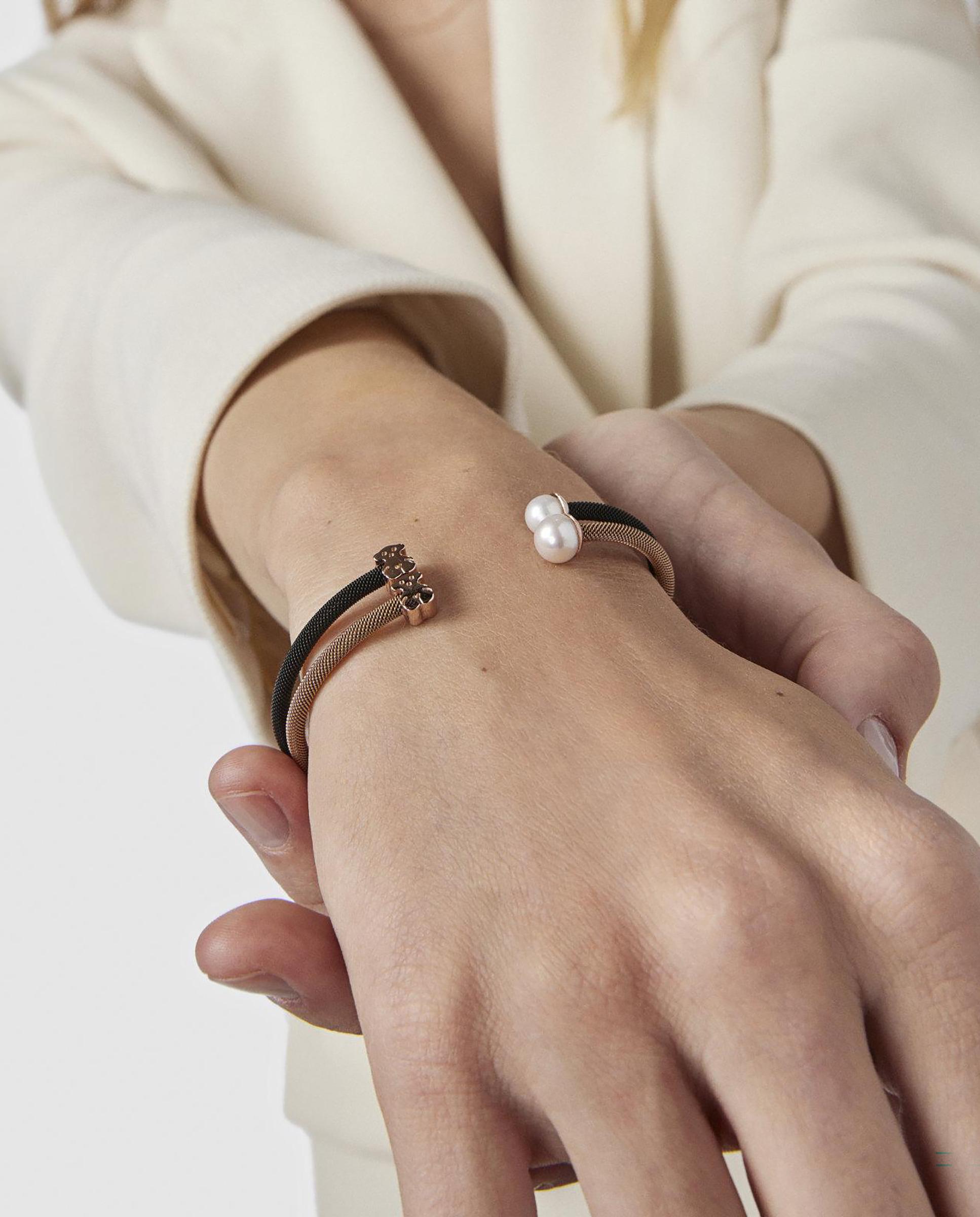 Pulseira de Aço Banhada em Ouro Rosa 18 Kt Sobre Prata e Pérola Icon Mesh Branco-4