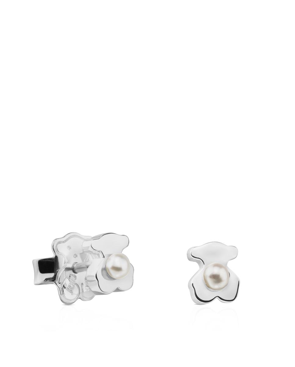 Brincos Super Power de Prata em Forma de Urso com Pérola Branco-1