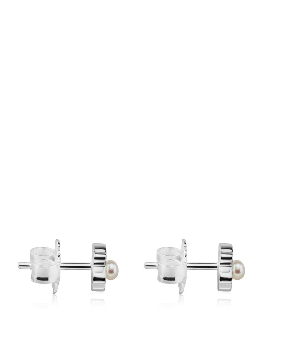 Brincos Super Power de Prata em Forma de Urso com Pérola Branco-3