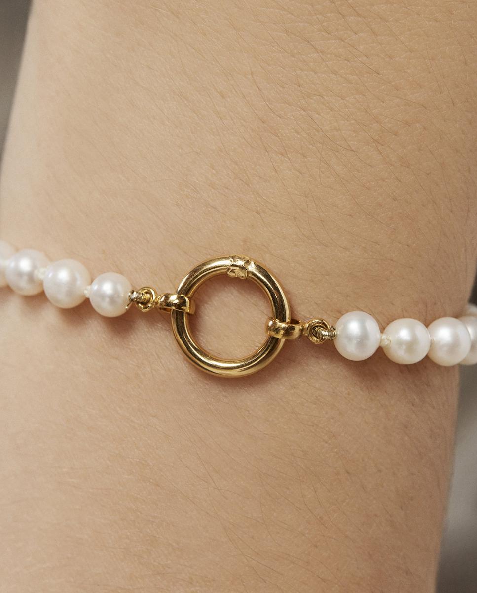Pulseira de Corrente Hold de Pérolas e Argola de Ouro Amarelo Branco-5