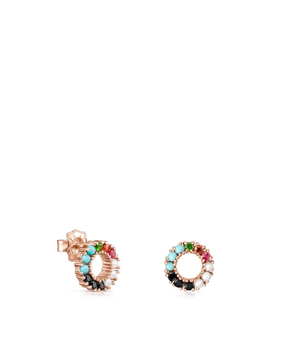 Brincos Straight Disco Banhados em Ouro de 18 Kt Sobre Prata Rosa com Gemas Multicolor-1
