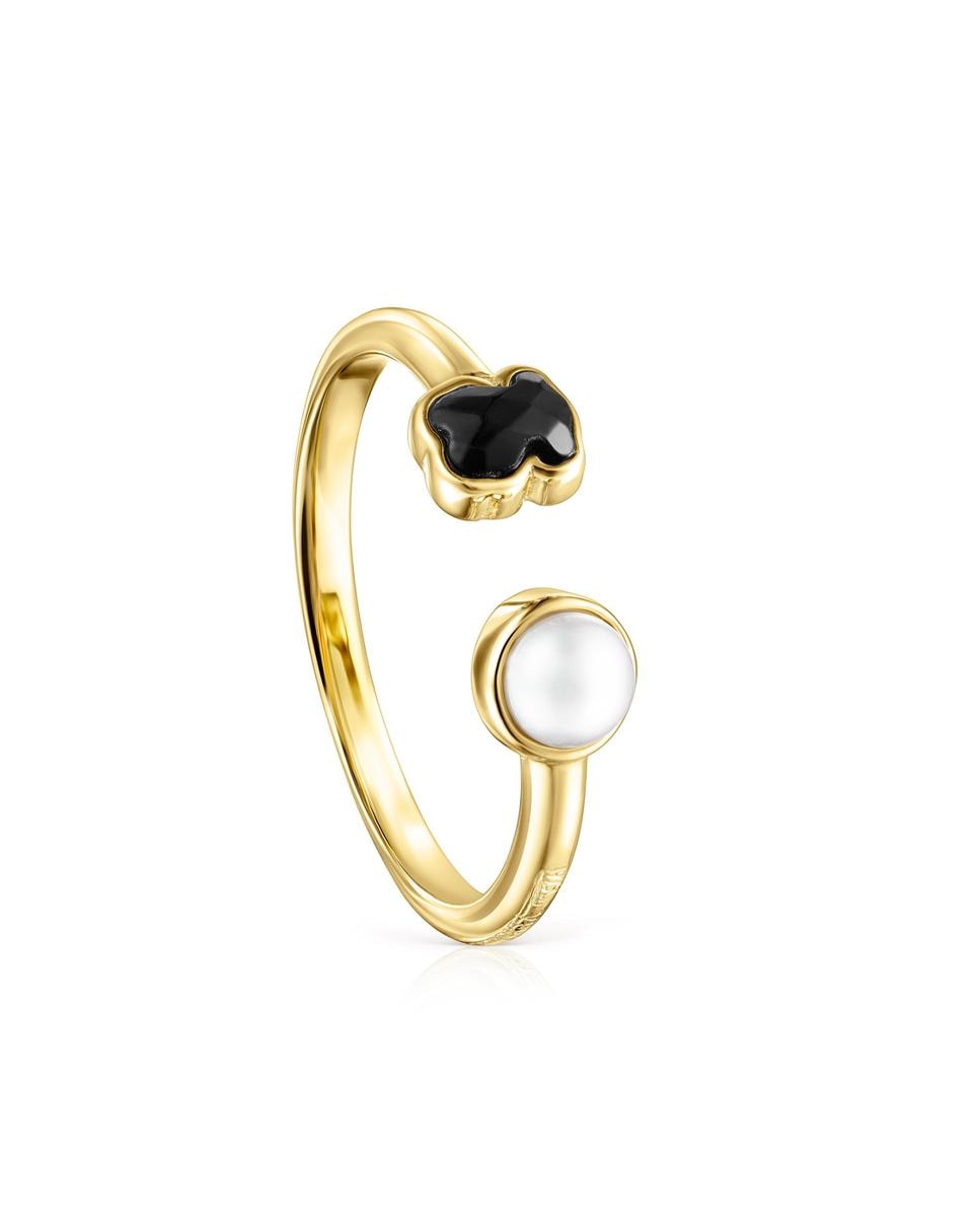 Anel Glory Banhado a Ouro de 18 Kt Sobre Prata com Ónix e Pérola Multicolor-1
