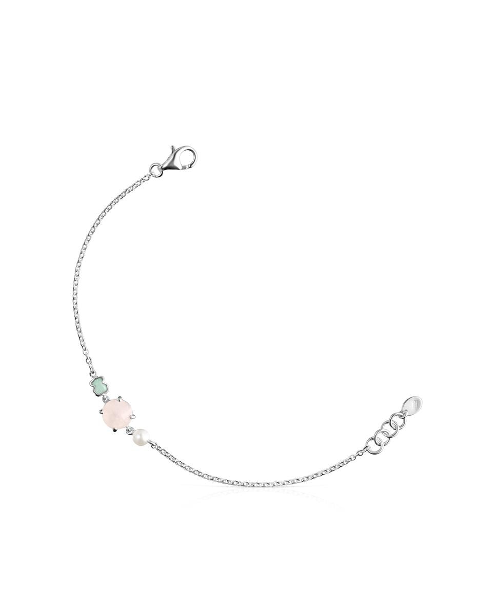 Pulseira de Corrente Mini em Prateado com Quartzo Rosa Amazonita e Pérola Multicolor-1