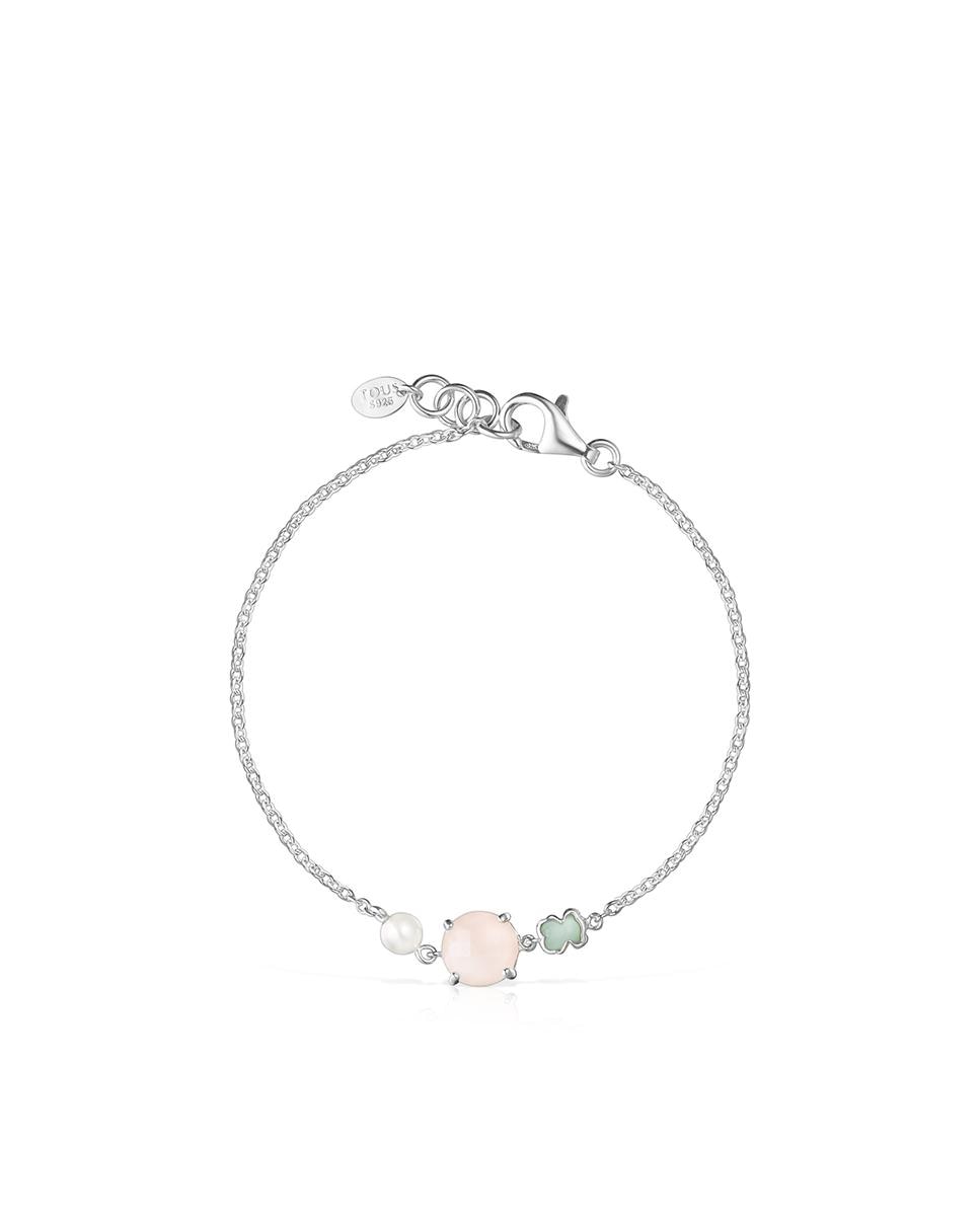 Pulseira de Corrente Mini em Prateado com Quartzo Rosa Amazonita e Pérola Multicolor-2