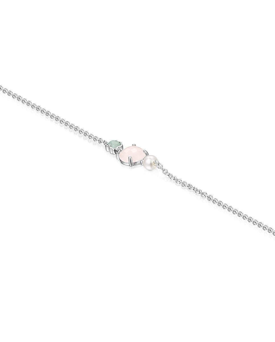 Pulseira de Corrente Mini em Prateado com Quartzo Rosa Amazonita e Pérola Multicolor-3