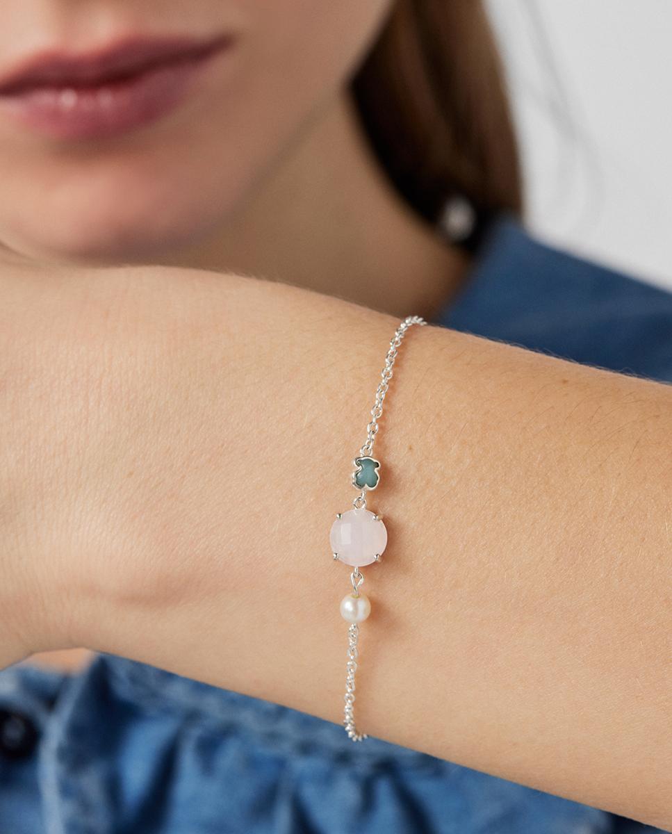 Pulseira de Corrente Mini em Prateado com Quartzo Rosa Amazonita e Pérola Multicolor-4