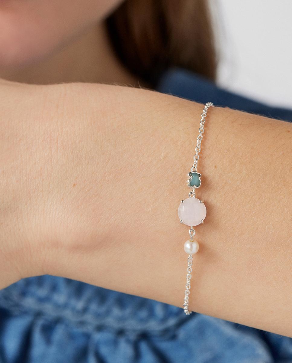 Pulseira de Corrente Mini em Prateado com Quartzo Rosa Amazonita e Pérola Multicolor-5
