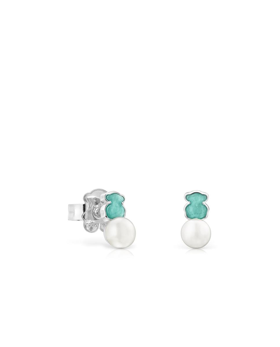 Brincos Tuyo Mini em Cor de Prata com Amazonita e Pérola Multicolor-1