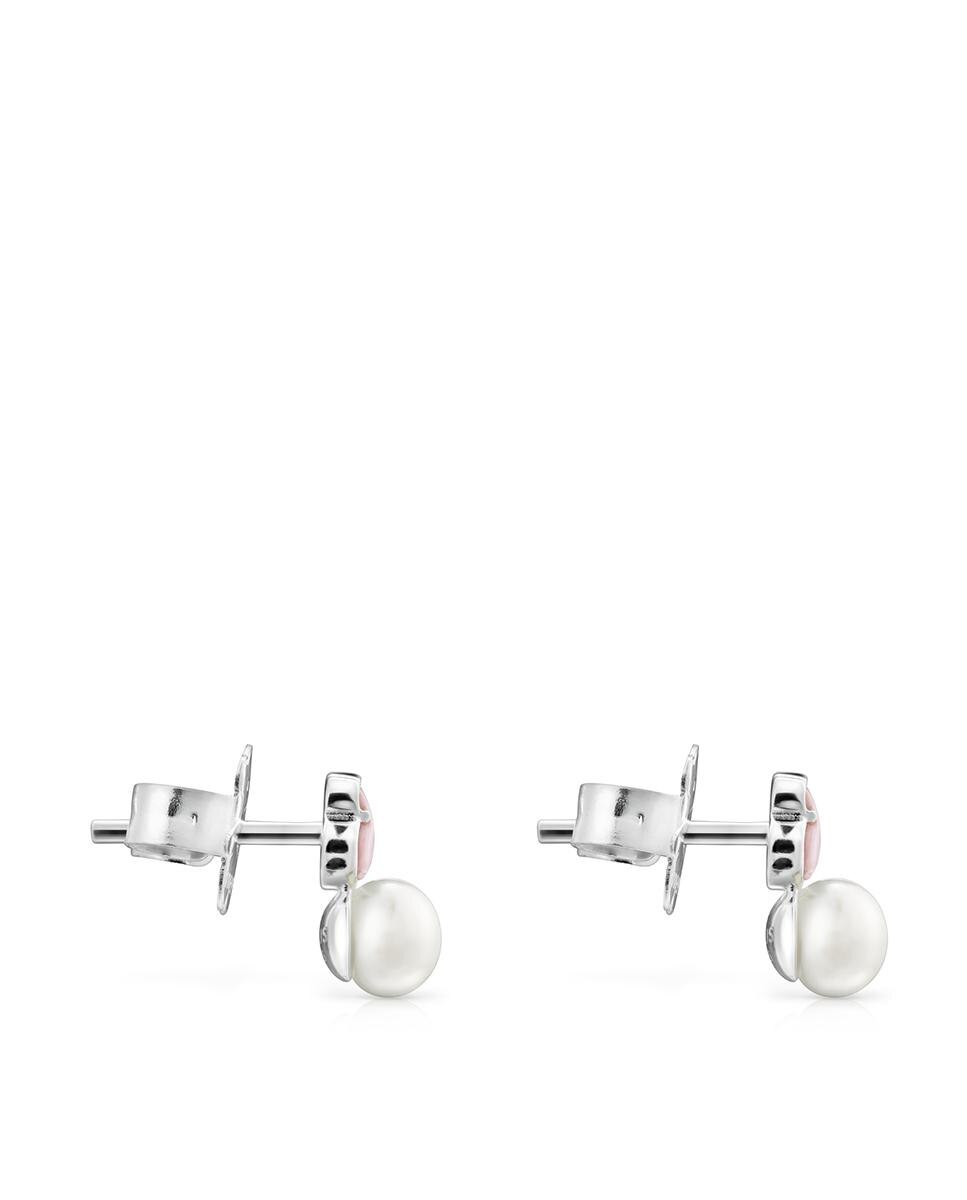 Brincos Tuyo Mini em Prateado com Quartzo Rosa e Pérola 2