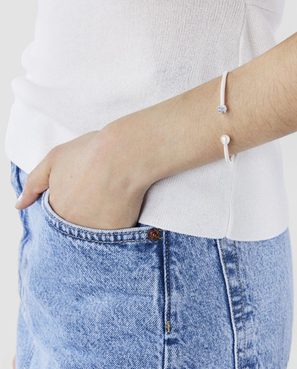 Pulseira Rígida de Prata com Pérola Prateado-4