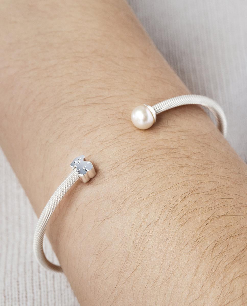 Pulseira Rígida de Prata com Pérola Prateado-5