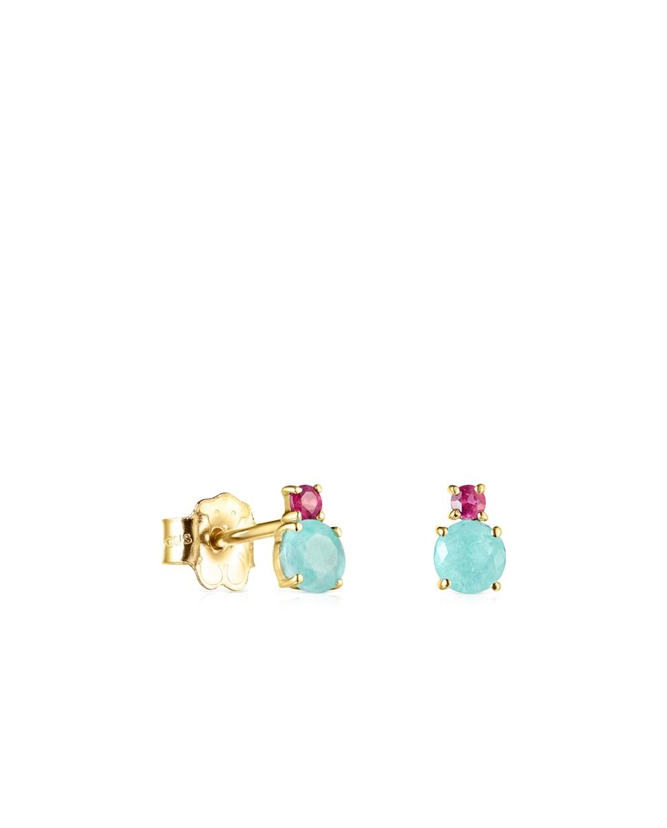 Brincos Mini Ivette de Ouro Amarelo com Amazonita e Rubi Multicolor-1