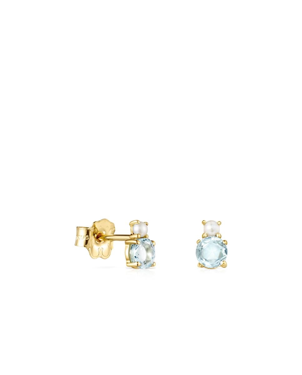 Brincos Mini Ivette de Ouro Amarelo com Topázio Azul e Pérola Multicolor-1