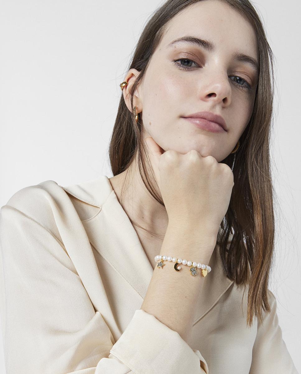 Pulseira Nocturne Elástica com Pérolas e Motivos em Prata Vermeil Branco-4