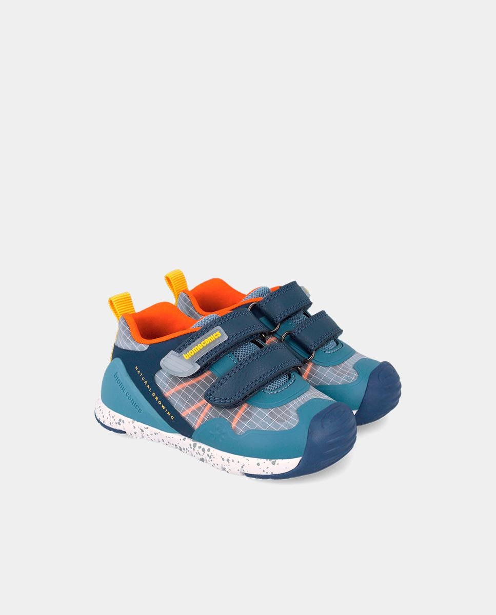 Sapatilhas de Pele para Bebé com Detalhes em Contraste e Velcro Azul-2