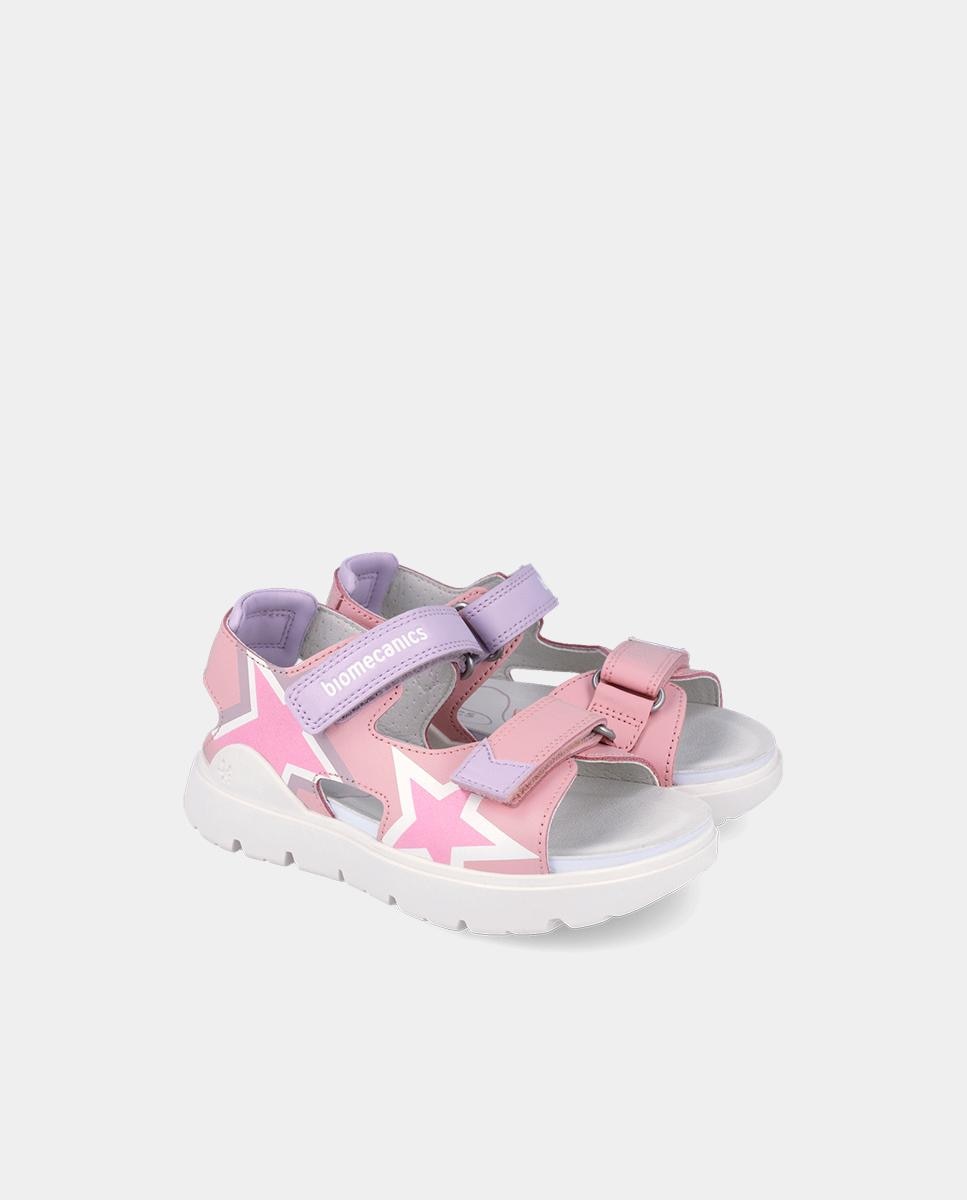Sandálias Abertas Infantil de Pele com Velcro Biomecanics Rosa-2