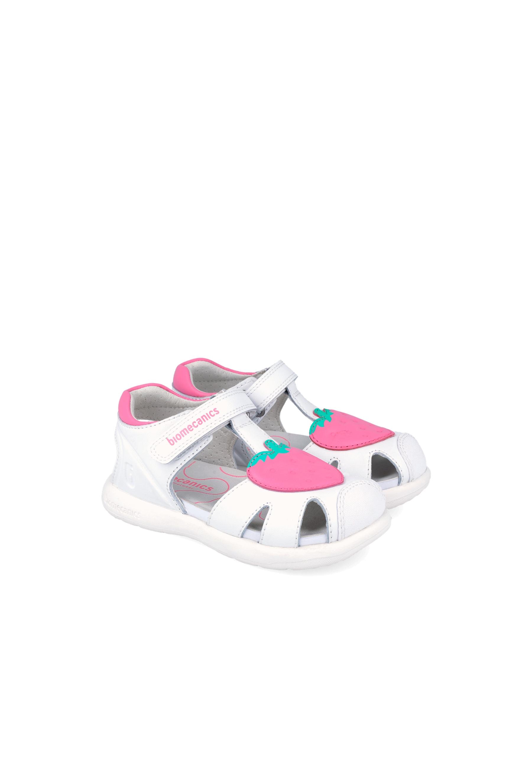 Sandálias Fechadas Infantil de Pele com Velcro Branco / Rosa-2