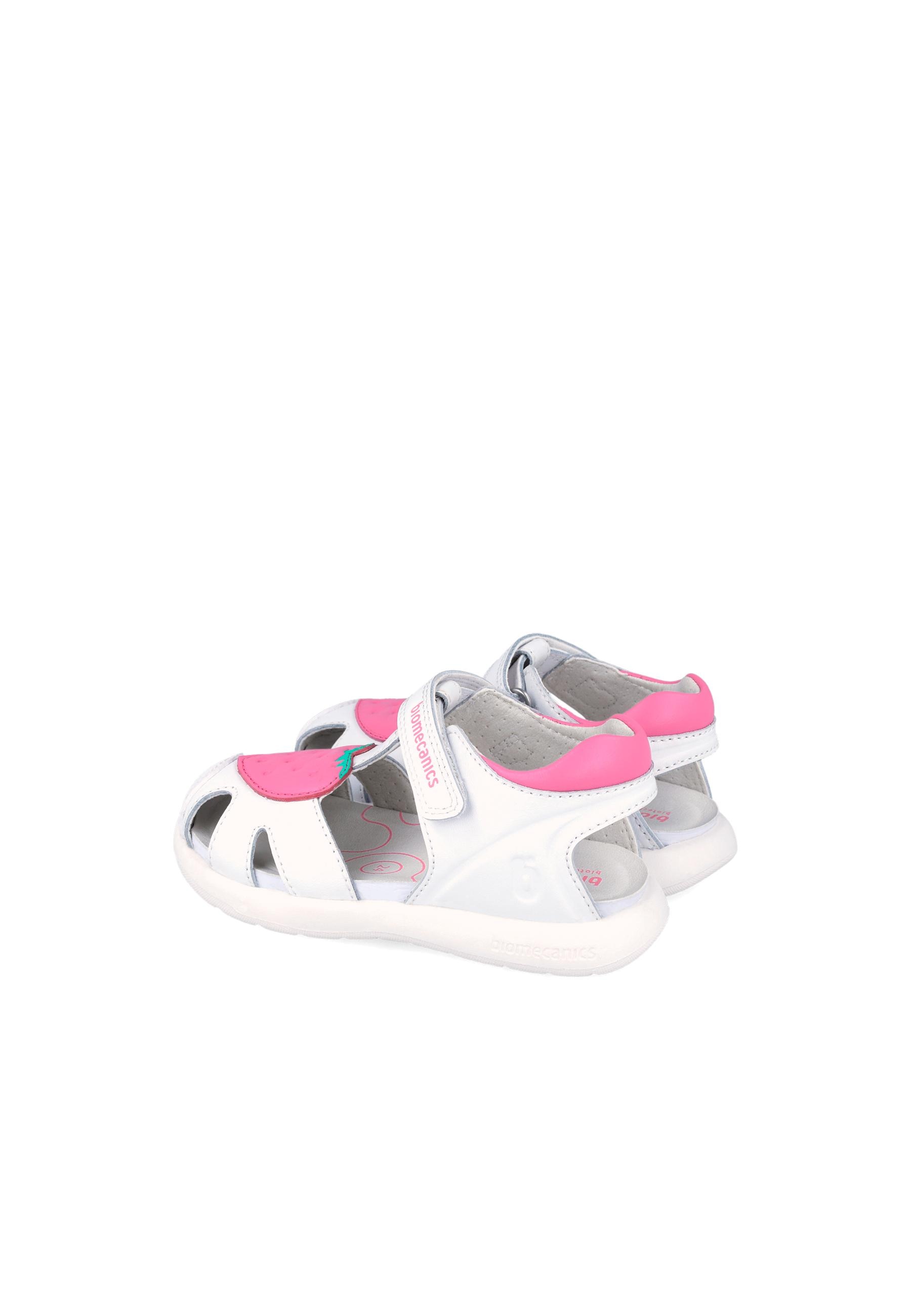 Sandálias Fechadas Infantil de Pele com Velcro Branco / Rosa-3