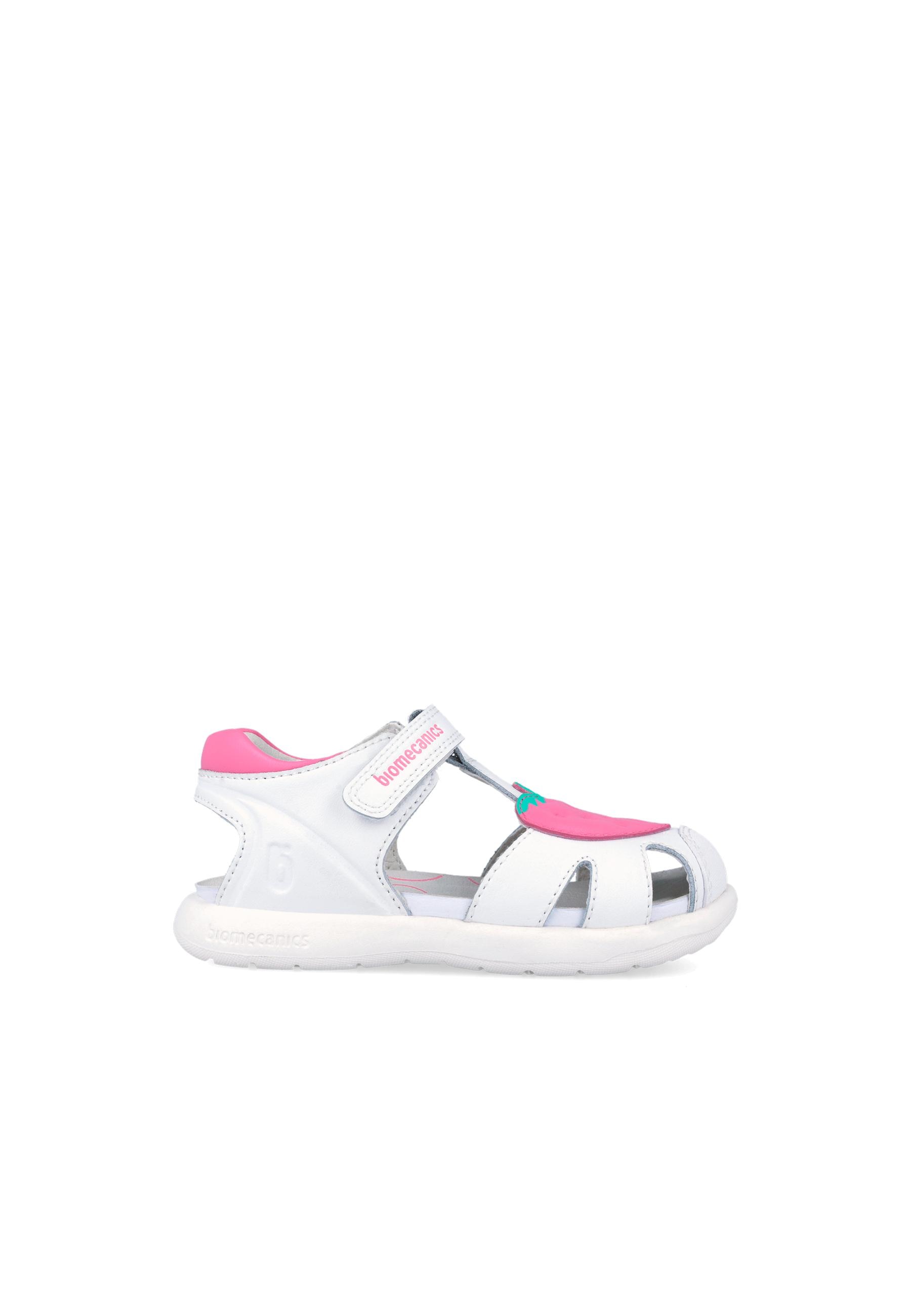 Sandálias Fechadas Infantil de Pele com Velcro Branco / Rosa-5