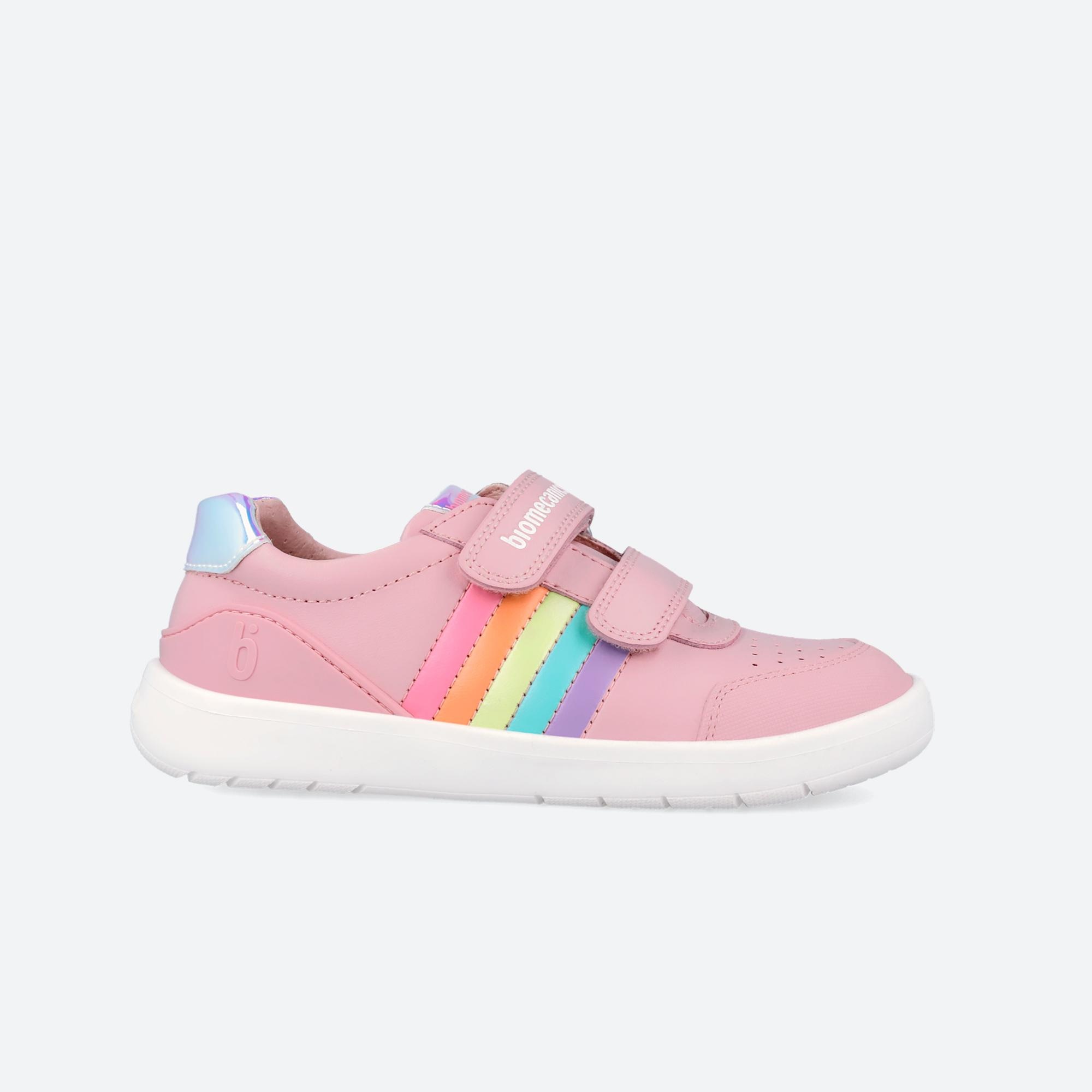 Sapatilhas de Pele Infantil com Velcro e Detalhes em Contraste Biomecanics Rosa-1