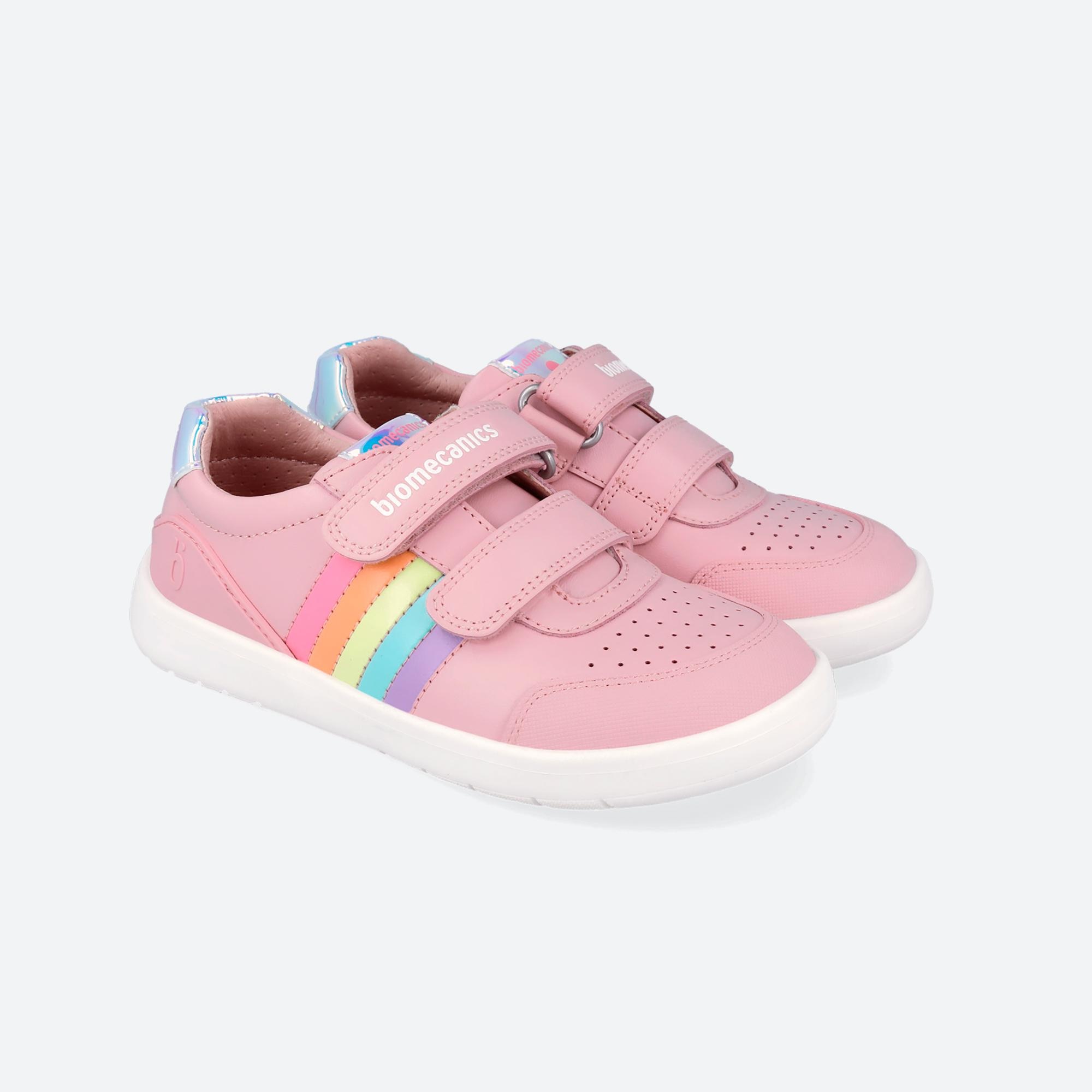 Sapatilhas de Pele Infantil com Velcro e Detalhes em Contraste Biomecanics Rosa-2