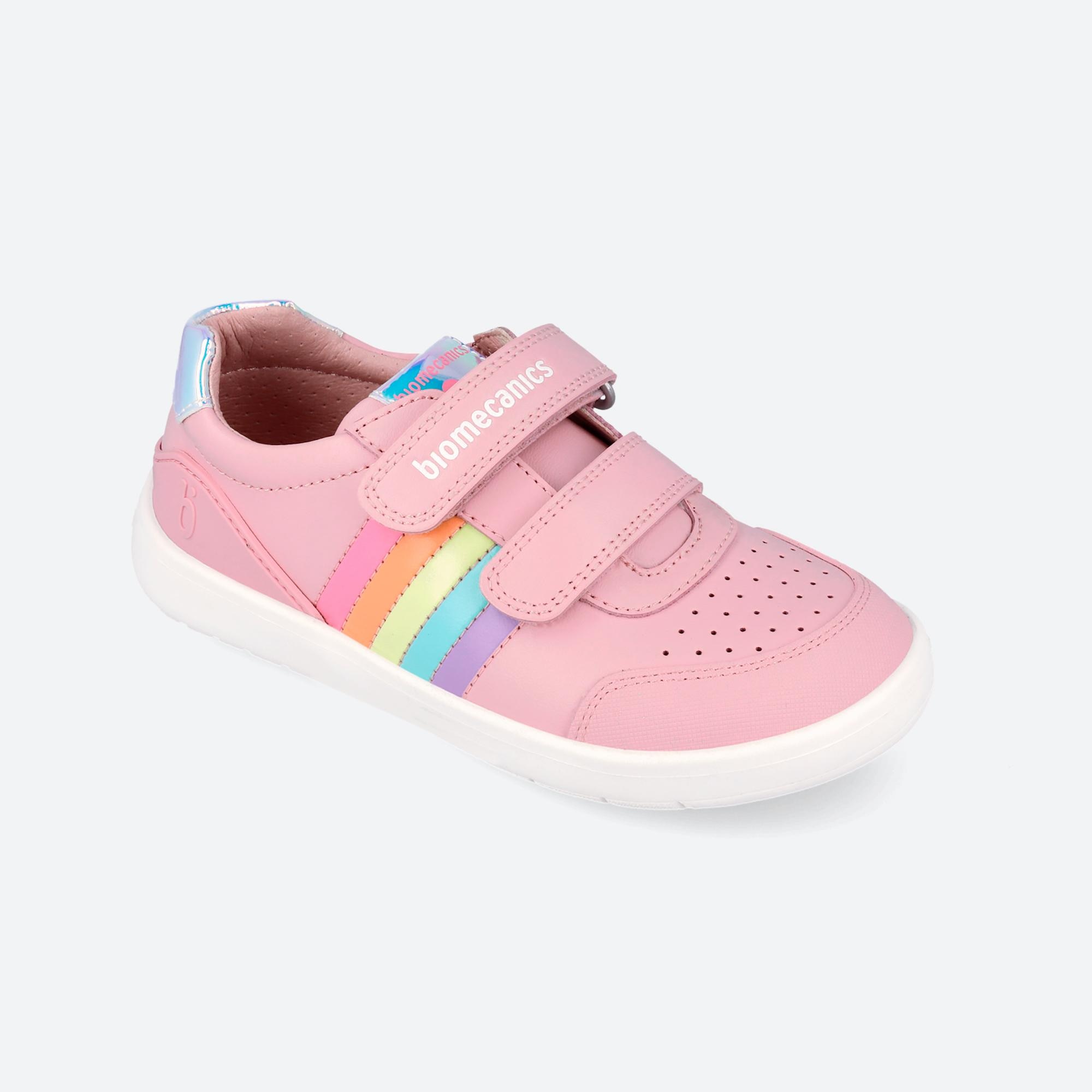 Sapatilhas de Pele Infantil com Velcro e Detalhes em Contraste Biomecanics Rosa-4