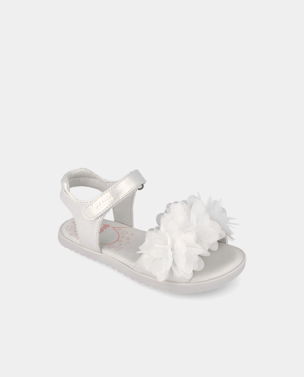 Sandálias Abertas Infantil com Velcro e Detalhe de Flor Garvalín Branco-4