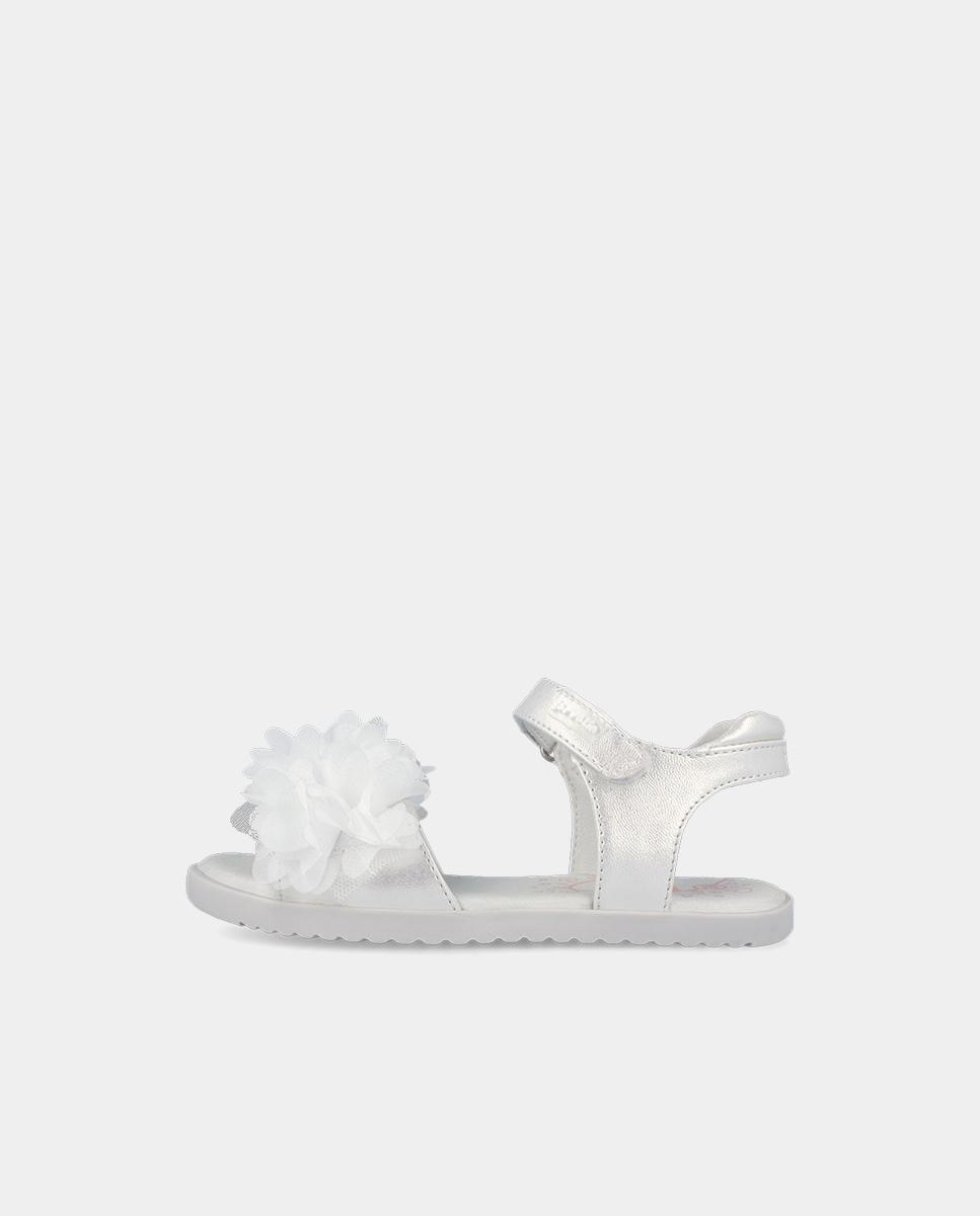 Sandálias Abertas Infantil com Velcro e Detalhe de Flor Garvalín Branco-6