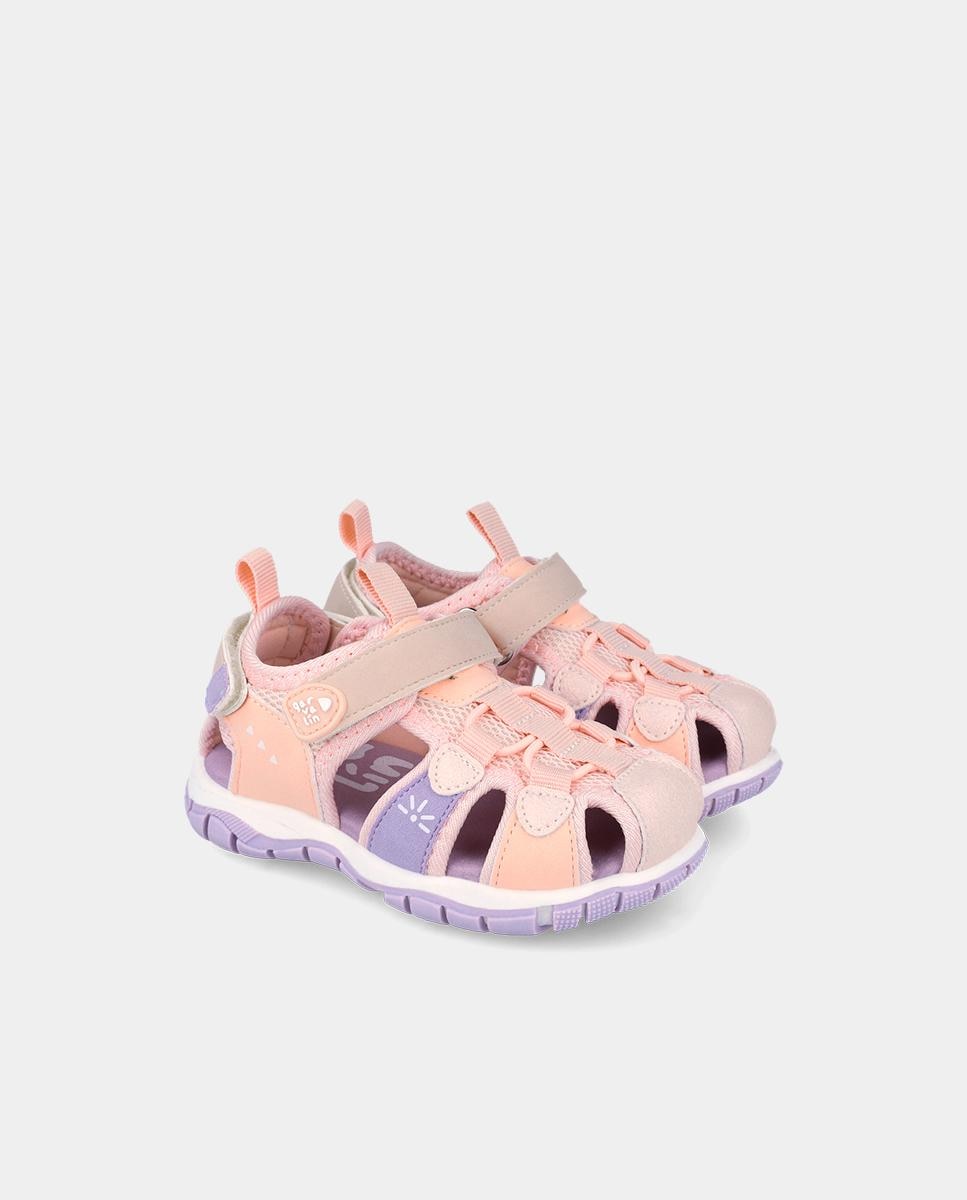 Sandálias Fechadas Infantil com Velcro e Detalhes em Contraste Nude-2