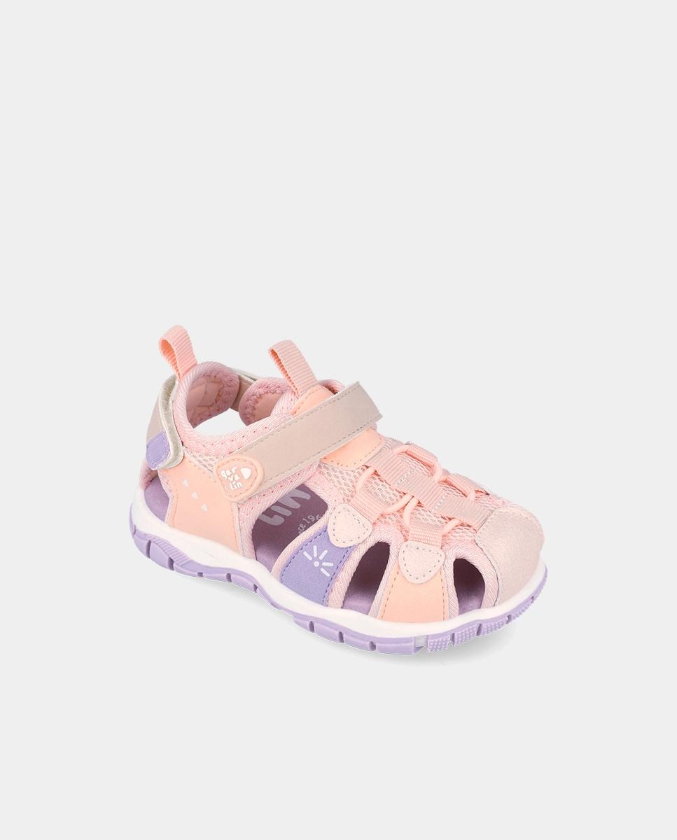 Sandálias Fechadas Infantil com Velcro e Detalhes em Contraste Nude-4