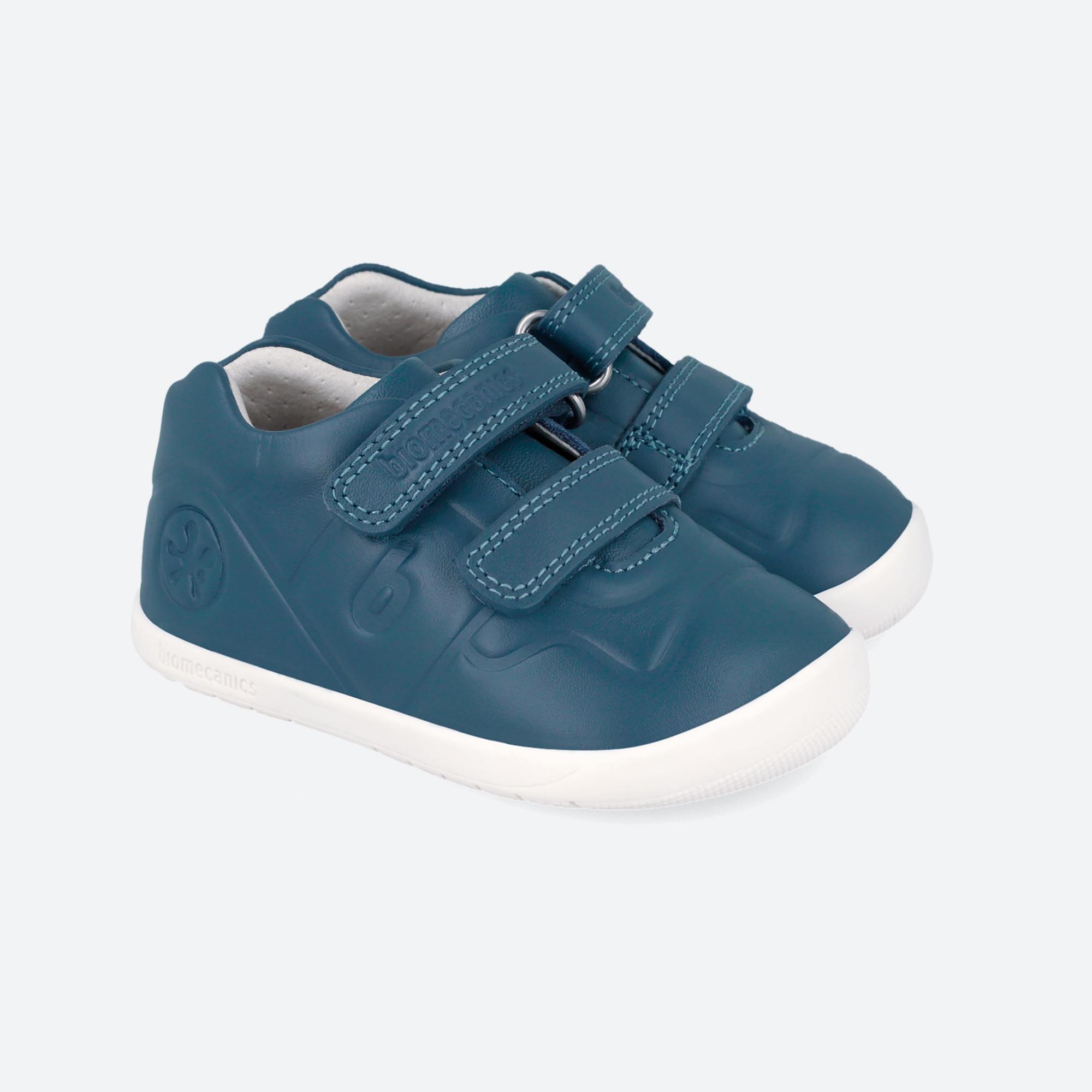 Sapatilhas de Pele Infantil Respeitosas com o Crescimento Natural Do Pé com Velcro Azul-2