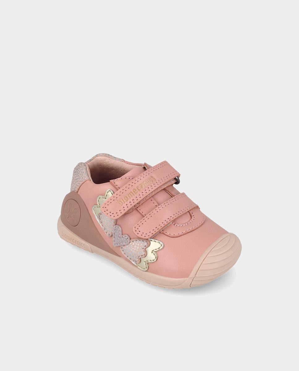Sapatilhas de Bebé para Primeiros Passos em Pele com Fecho Ajustável Rosa-pastel-4